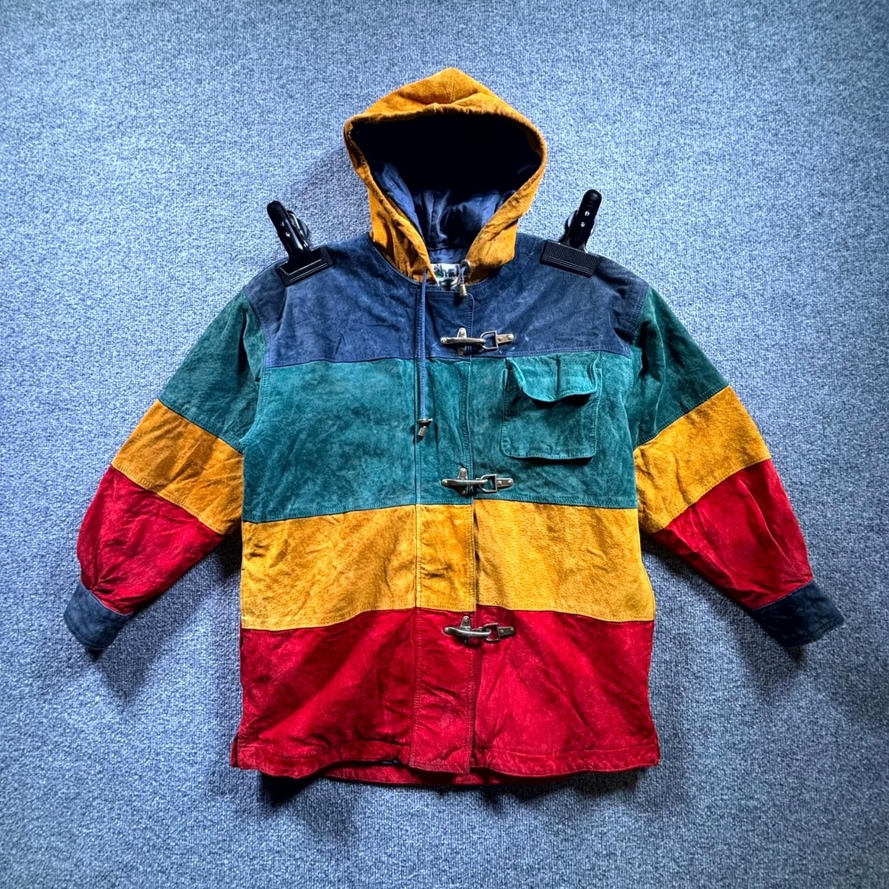 Vintage Michelle Explorations Suede Leather Jacket Womens Medium Hooded Toggle